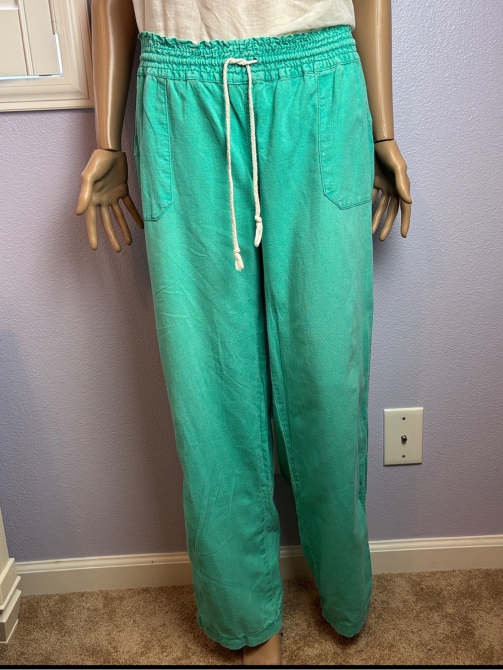 Kiss & Cry Beach Casual Teal Drawstring Linen Blend Pants